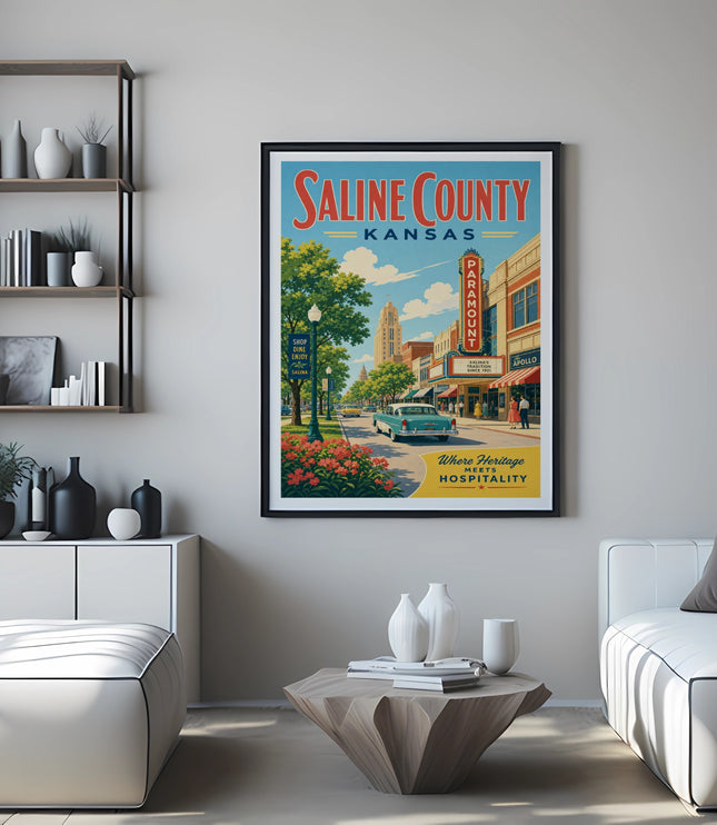 Saline County, Kansas vintage travel poster with Paramount theater and car.