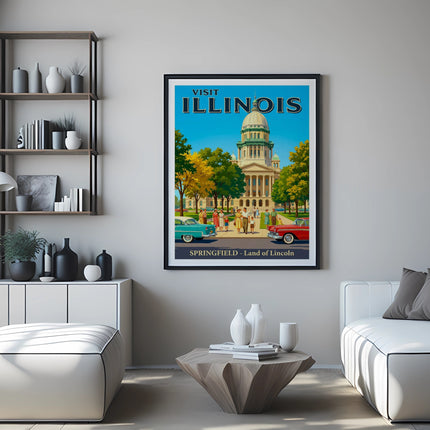 Vintage "Visit Illinois Springfield" poster with state capitol building and cars.