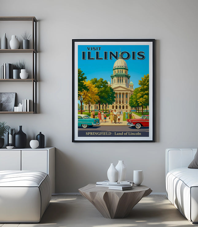 Vintage "Visit Illinois Springfield" poster with state capitol building and cars.