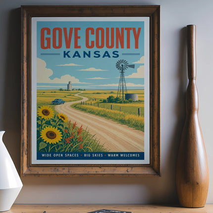 Gove County Kansas travel poster with sunflowers, windmill, and car on a dirt road.