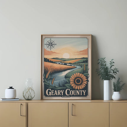 Vintage poster for Geary County, Kansas with river, wheat, and sunflower.
