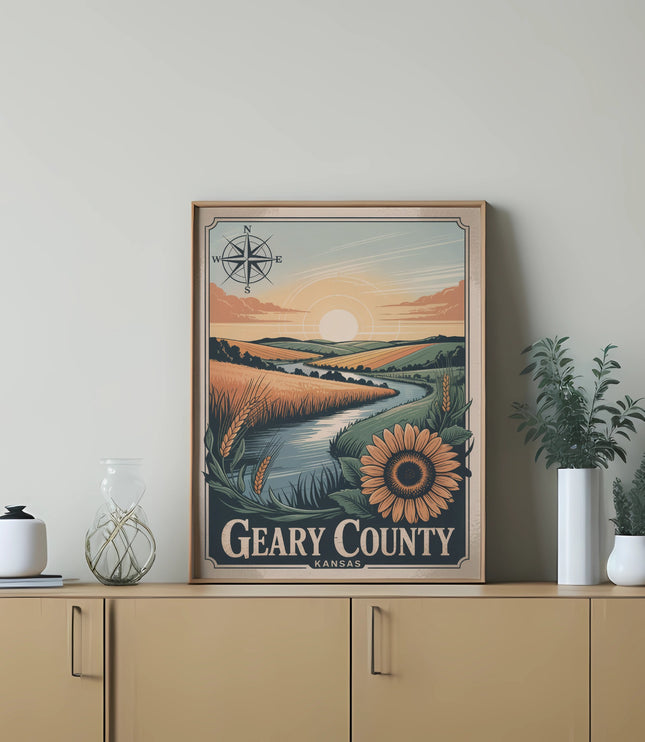 Vintage poster for Geary County, Kansas with river, wheat, and sunflower.