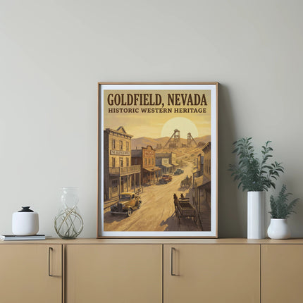 Goldfield, Nevada Historic Western Heritage poster with town scene and sun.