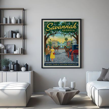 Vintage Savannah Georgia travel poster with horse-drawn carriage.