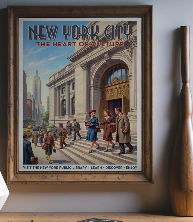 New York City poster featuring the public library and Empire State Building.