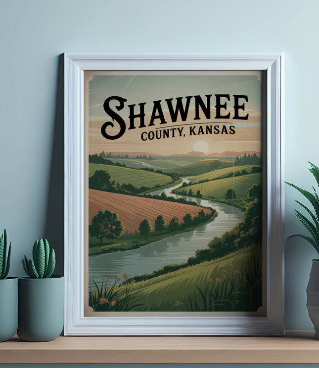 Framed artwork featuring a landscape of Shawnee County, Kansas with rolling hills and river.