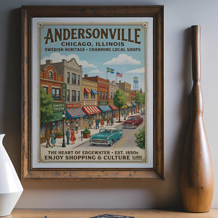 Andersonville Chicago Illinois vintage poster with shops and vintage cars.