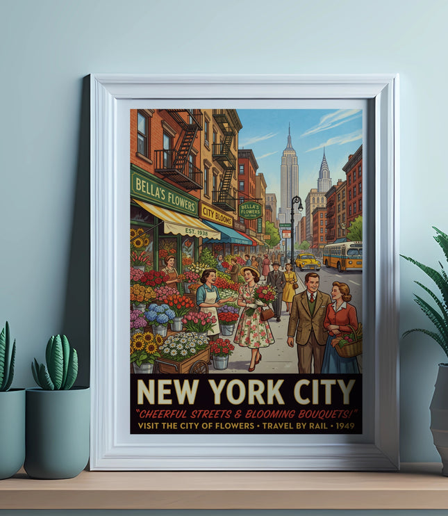 Vintage New York City poster with flower market and Empire State Building.