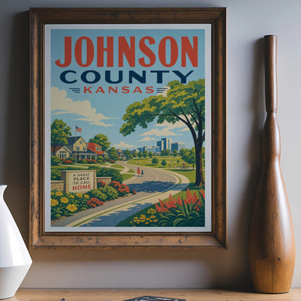 Johnson County, Kansas poster depicting a town with a green park and buildings.