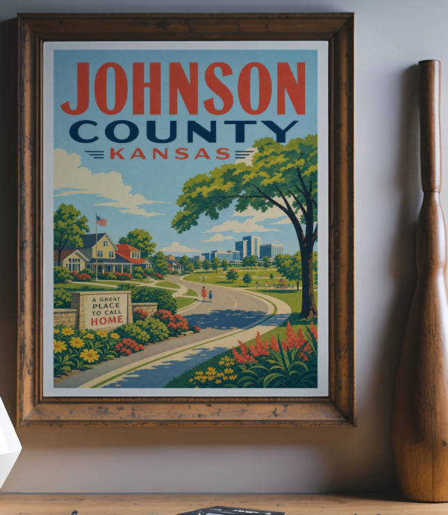 Johnson County, Kansas poster depicting a town with a green park and buildings.