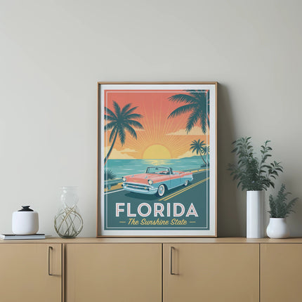 Vintage Florida sunshine poster featuring a classic convertible and palm trees.
