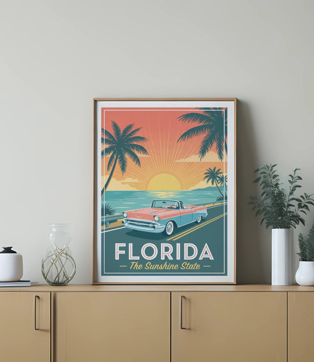 Vintage Florida sunshine poster featuring a classic convertible and palm trees.