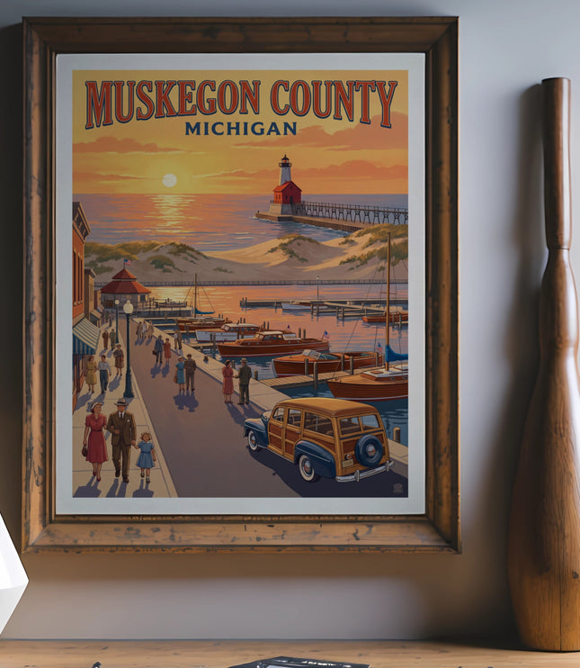 Muskegon County Michigan vintage travel poster showing lighthouse and harbor.