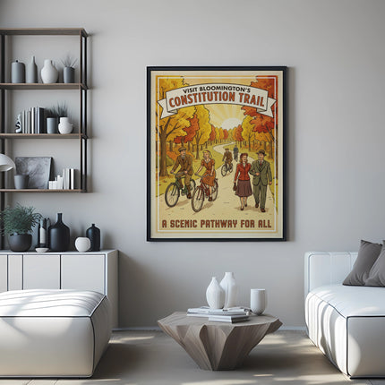 Poster for Bloomington's Constitution Trail with cyclists and walkers.