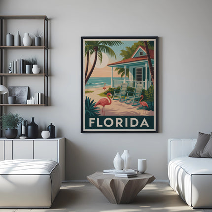 Retro Florida travel poster featuring flamingos and a beach house.
