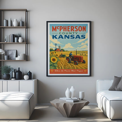 McPherson County, Kansas poster with a tractor in a wheat field.