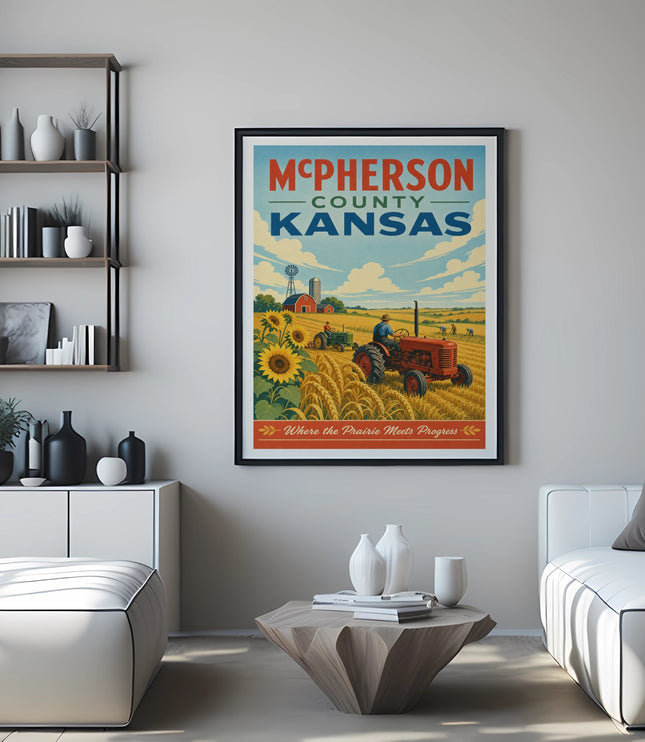 McPherson County, Kansas poster with a tractor in a wheat field.