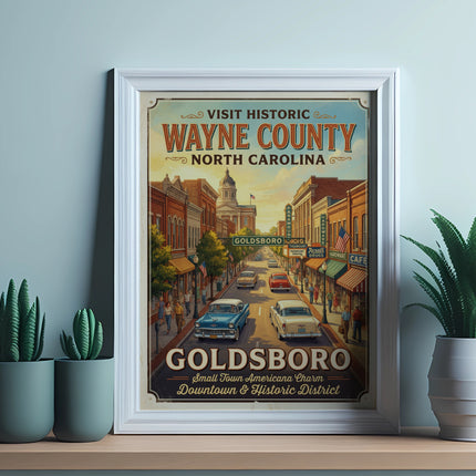 Goldsboro, Wayne County, North Carolina vintage travel poster with downtown street scene.