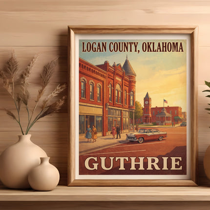 Guthrie, Logan County, Oklahoma vintage travel poster with vintage car and buildings.