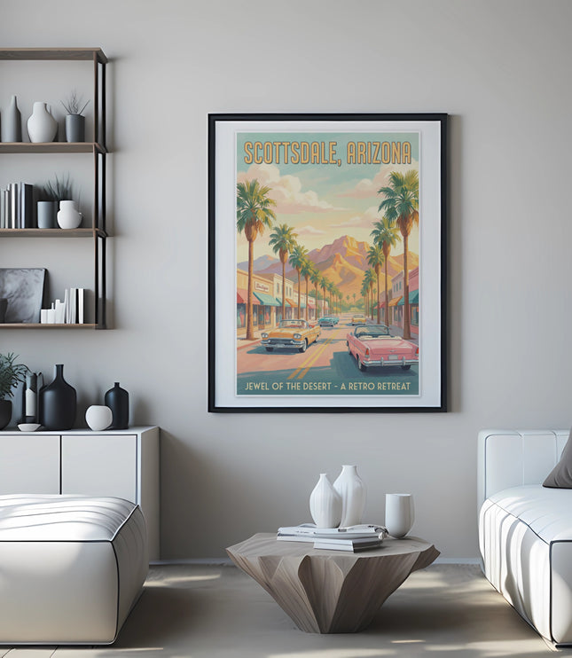 Framed poster of Scottsdale, Arizona with vintage cars and palm trees.