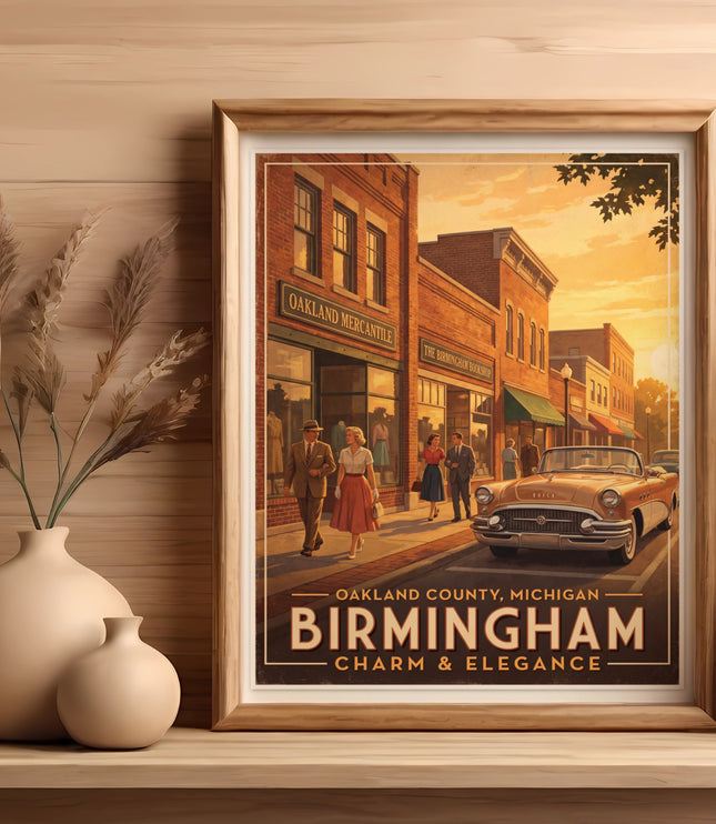 Vintage poster of Birmingham, Michigan with a classic car and people on a street.