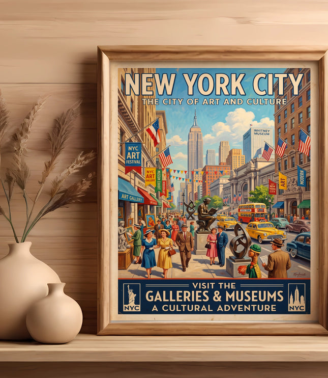 New York City: The City of Art and Culture poster featuring street scene and museums.
