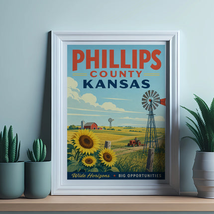 Phillips County Kansas travel poster with farm scene and sunflowers.
