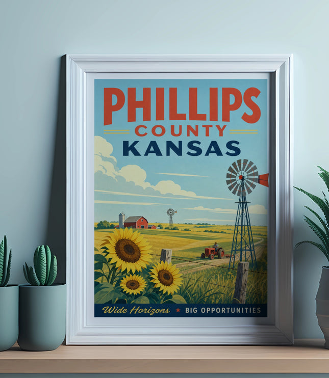 Phillips County Kansas travel poster with farm scene and sunflowers.