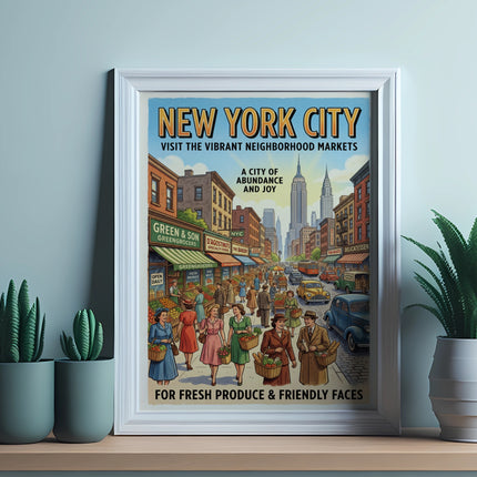 Vintage New York City market poster with colorful buildings, people, and text.