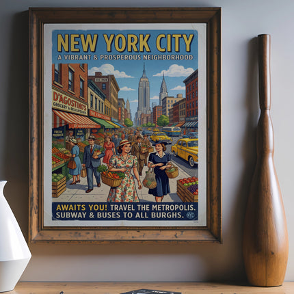 Vintage New York City travel poster advertising subway and bus travel.