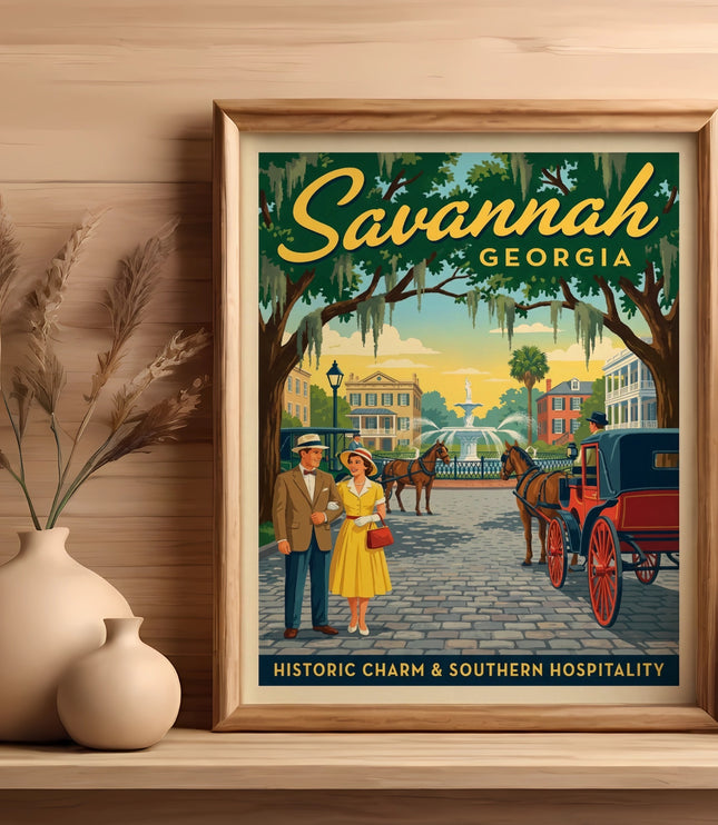 Savannah Georgia art with couple, carriage, and fountain, historic charm text.