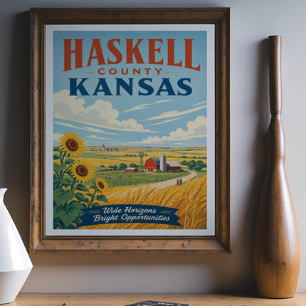 Haskell County Kansas travel poster with sunflowers, barn, and fields.