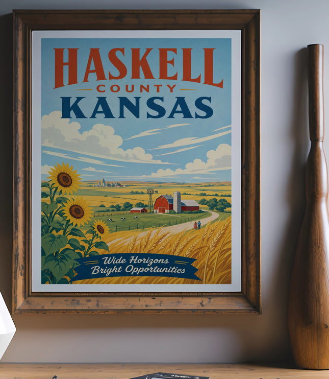 Haskell County Kansas travel poster with sunflowers, barn, and fields.