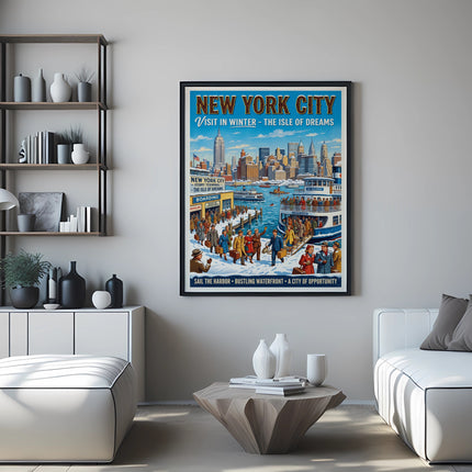 New York City winter travel poster with ferry terminal and city skyline.