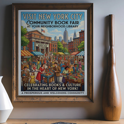 Poster for a New York City Community Book Fair with books, people, and buildings.