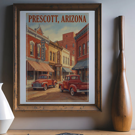 Vintage art of Prescott, Arizona main street with red trucks and buildings.