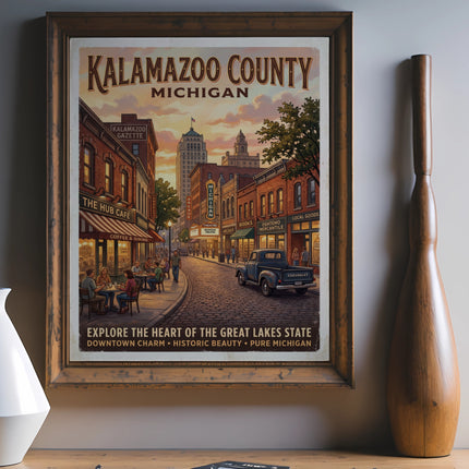 Kalamazoo County Michigan vintage poster with downtown street scene and text.