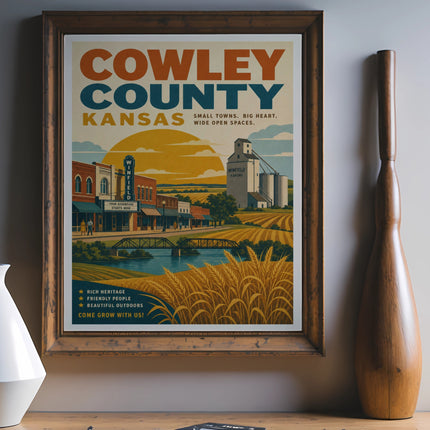 Cowley County Kansas travel poster with illustrations of towns, farms, and wheat fields.