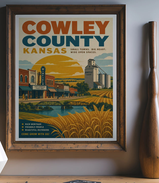 Cowley County Kansas travel poster with illustrations of towns, farms, and wheat fields.