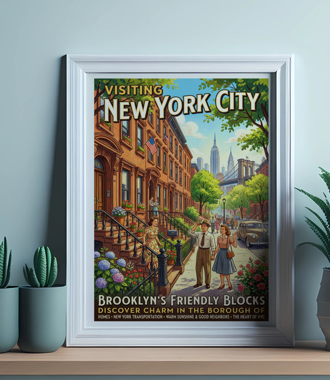 Vintage poster of Brooklyn's friendly blocks with New York City skyline.