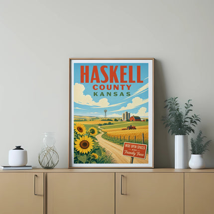 Haskell County Kansas poster with sunflowers, barn, and scenic landscape.