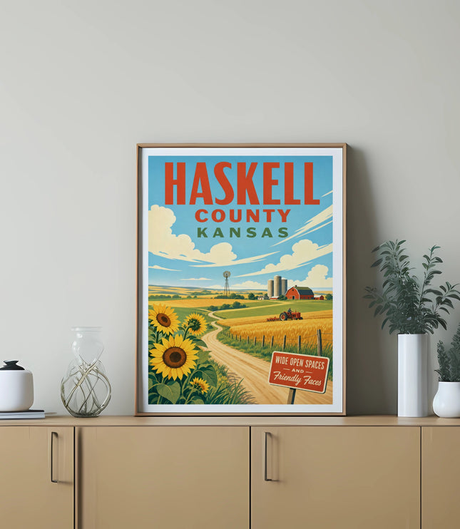 Haskell County Kansas poster with sunflowers, barn, and scenic landscape.