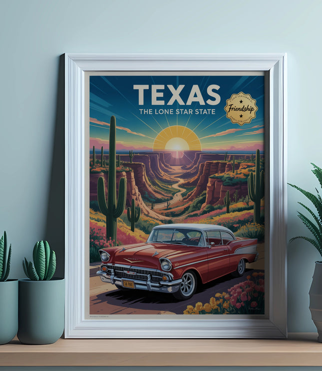 Vintage Texas desert scene with cactus and a red classic car