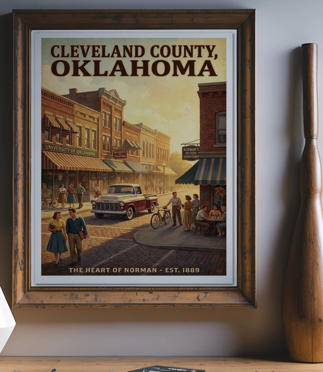 Vintage poster of Cleveland County, Oklahoma, depicting Norman's historic downtown with people and a classic truck.