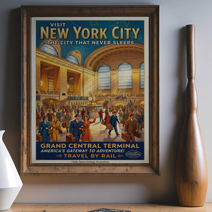 Vintage Grand Central Terminal travel poster with "New York City" text.