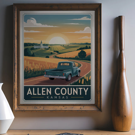 Vintage Ford truck drives through Allen County, Kansas landscape with sunlit fields.