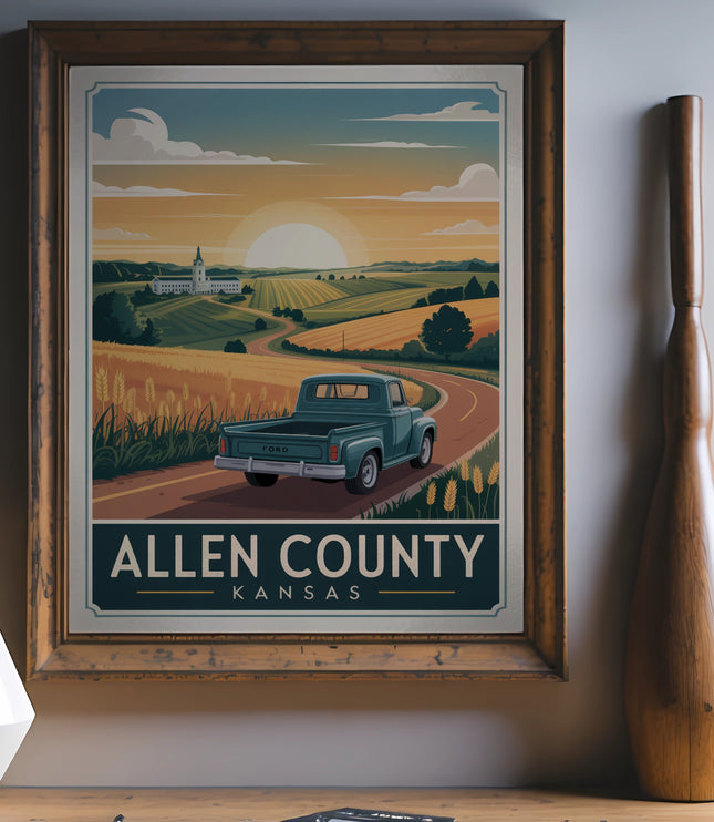 Vintage Ford truck drives through Allen County, Kansas landscape with sunlit fields.