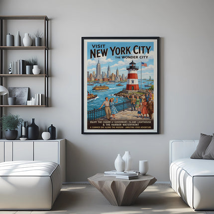 New York City "The Wonder City" poster with harbor scene.