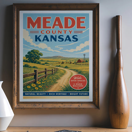 Meade County Kansas poster with "Wide Open Spaces" and rural landscape.