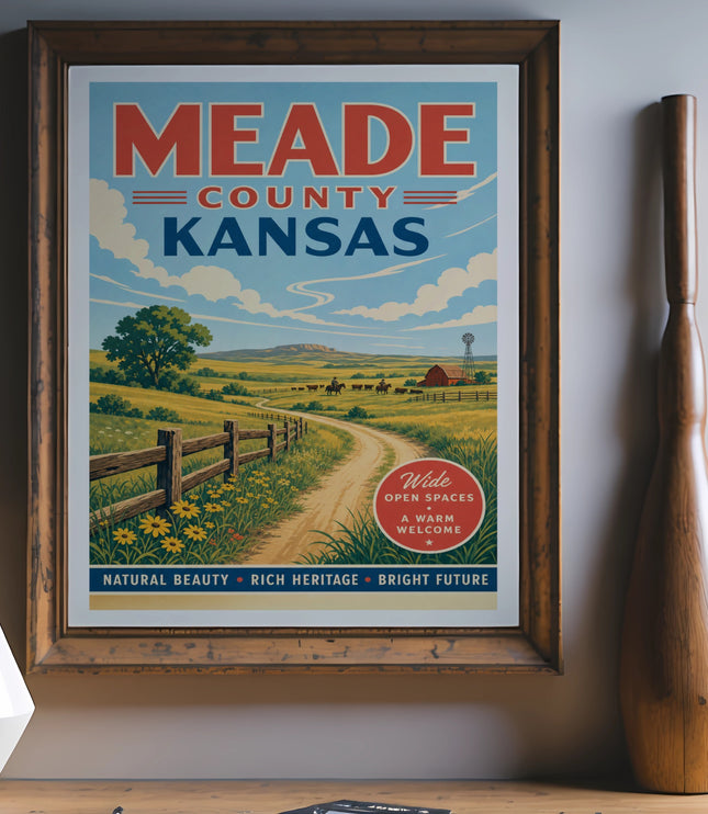 Meade County Kansas poster with "Wide Open Spaces" and rural landscape.
